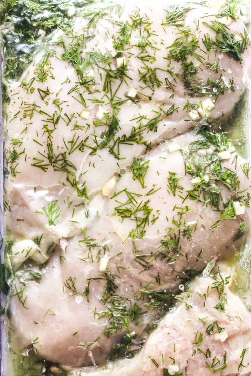 chicken breasts marinating with dill and lemon juice in a plastic bag