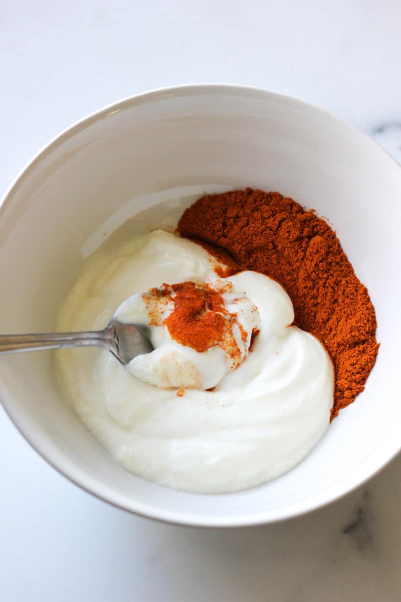 seasonings and white yogurt in the bowl