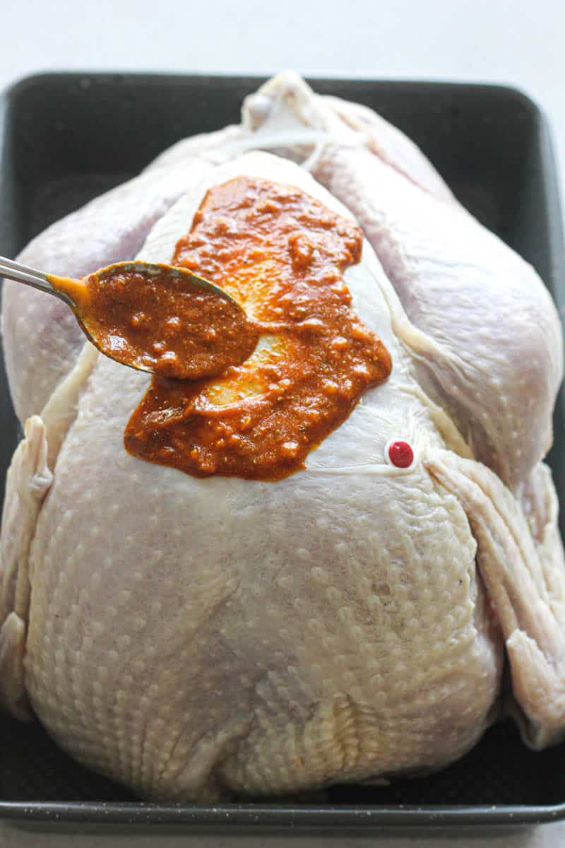covering whole turkey with Peruvian marinade
