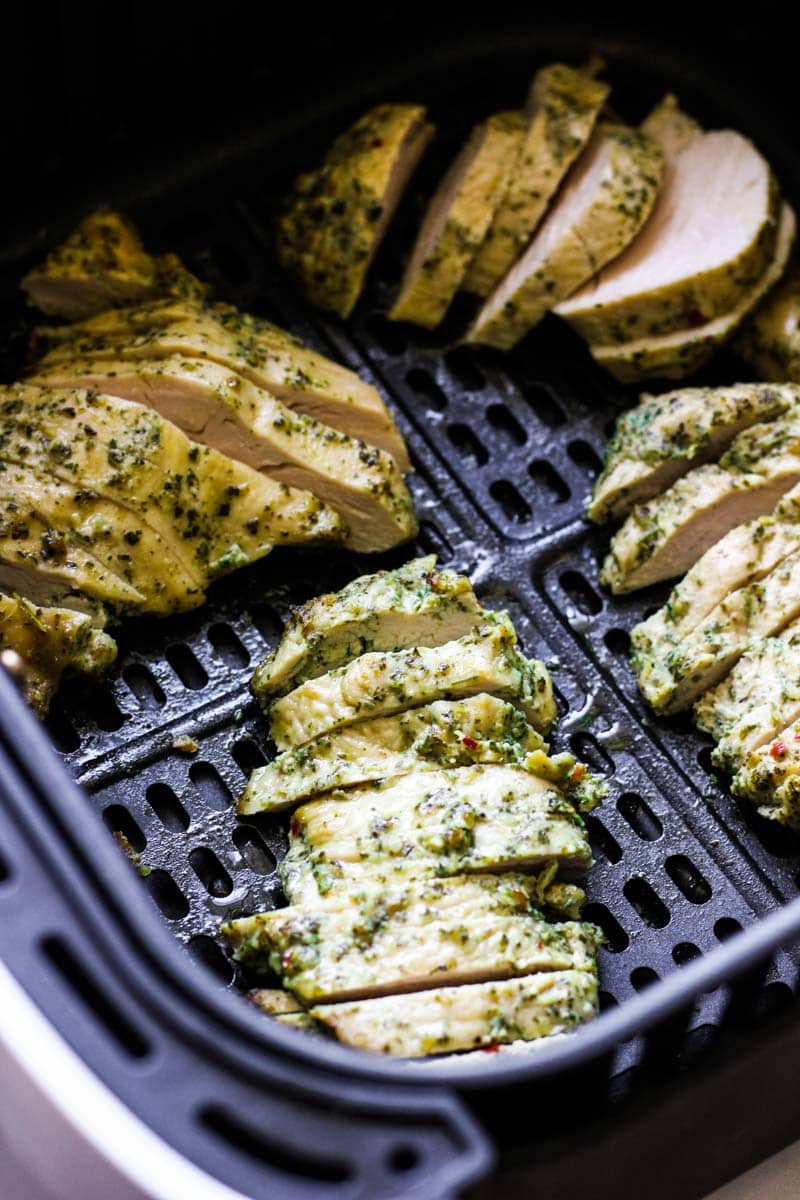 sliced trader joe's pesto chicken breasts in air fryer