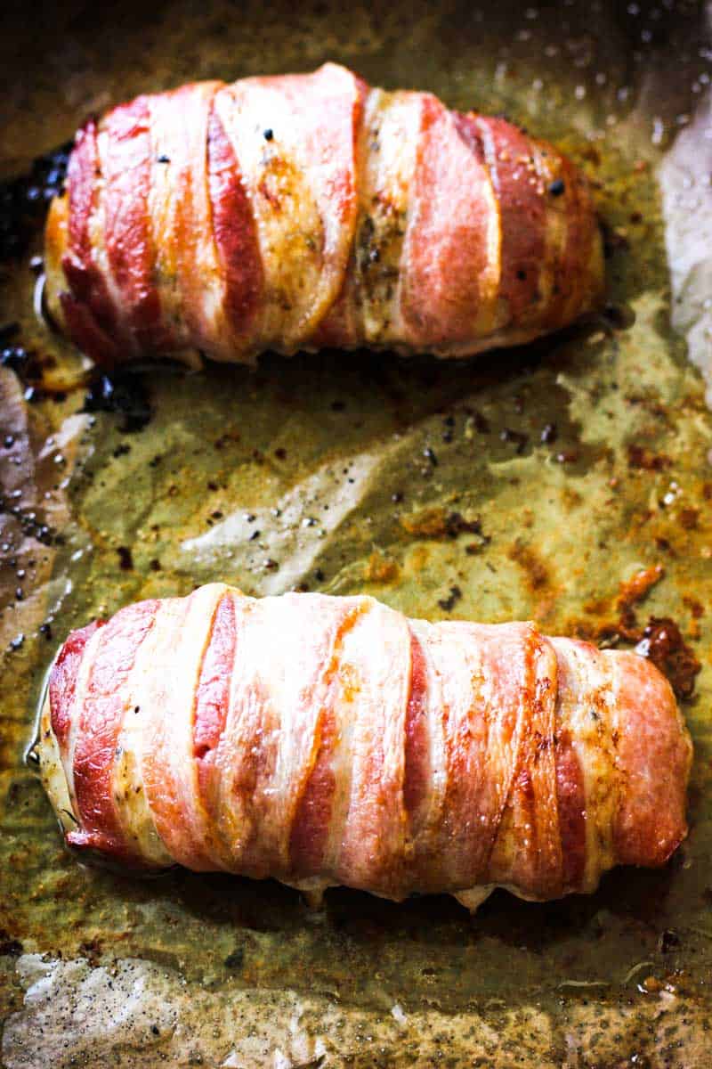 cooked poultry wrapped in bacon