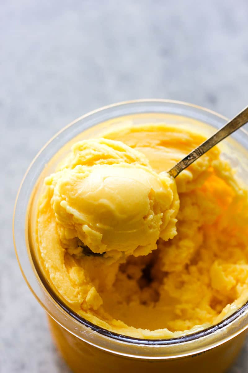 ninja creami mango sorbet in the spoon