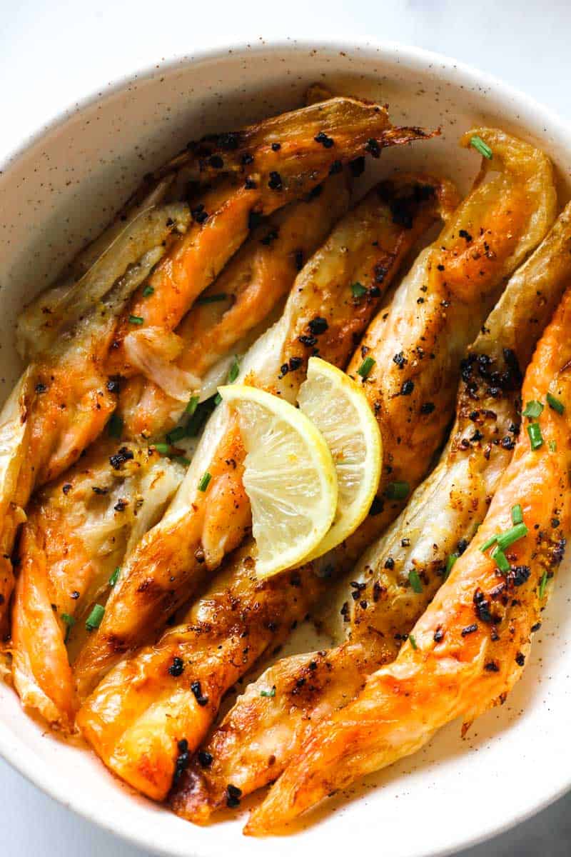 air fryer cooked salmon belly with lemon