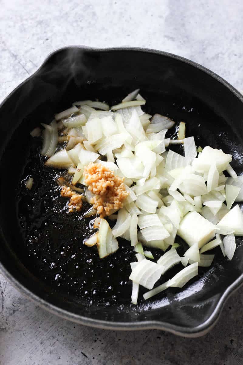 chopped onion and chopped garlic in the pan