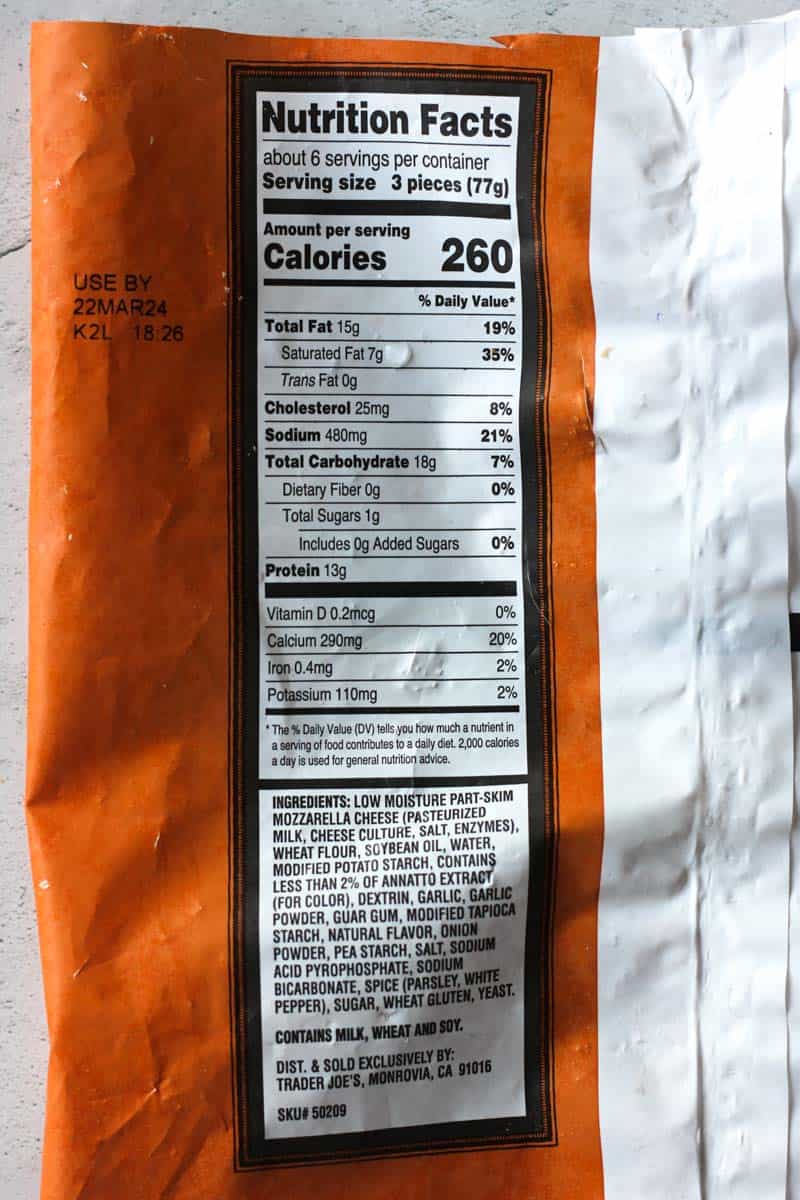 nutritional facts of the product used
