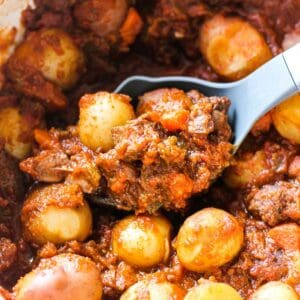 wild boar stew with potatoes in the pot