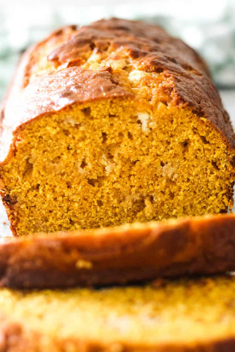 Freshly baked pumpkin bread with a golden crust and moist interior.