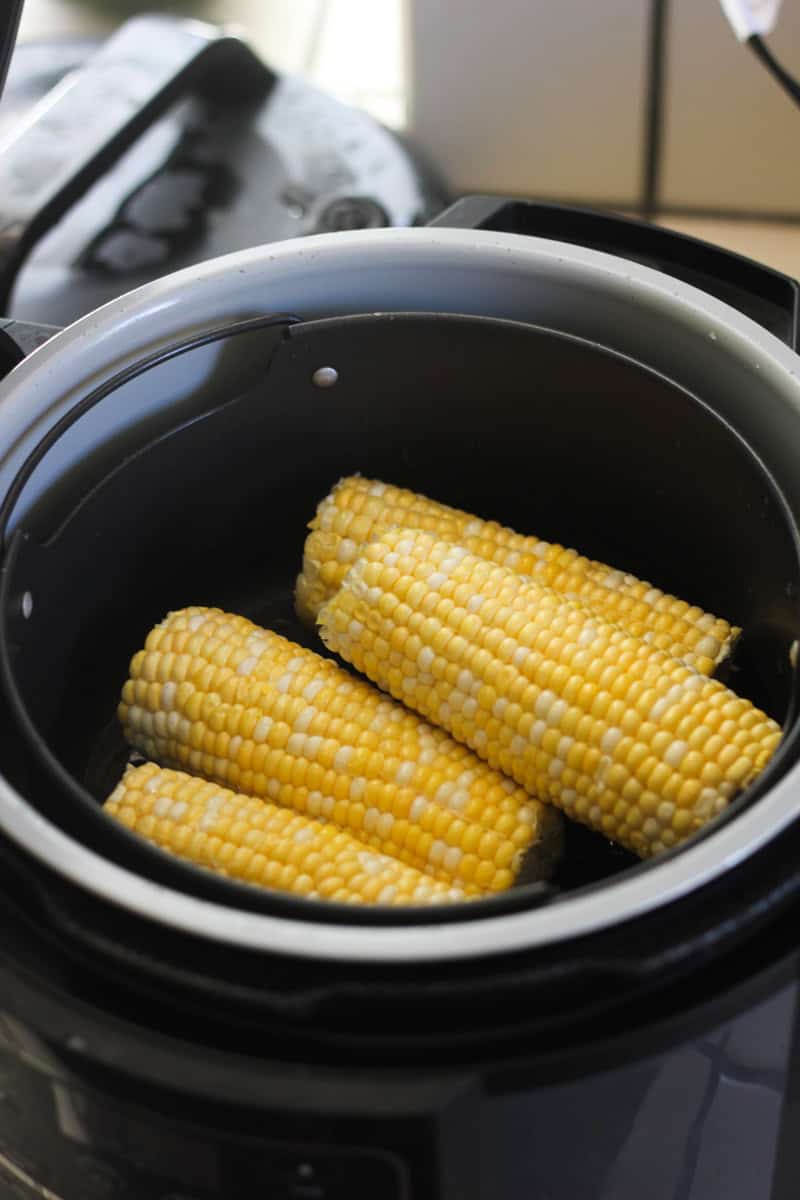 Corn on the cob inside a rice cooker, ready to be cooked or steamed.