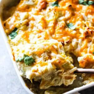 Delicious cheesy chicken casserole with herbs and melted cheese.